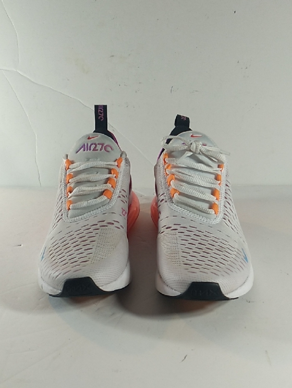 Nike White and Orange Women’s Air Max 270 Sneakers with Purple Details, Size 8.5